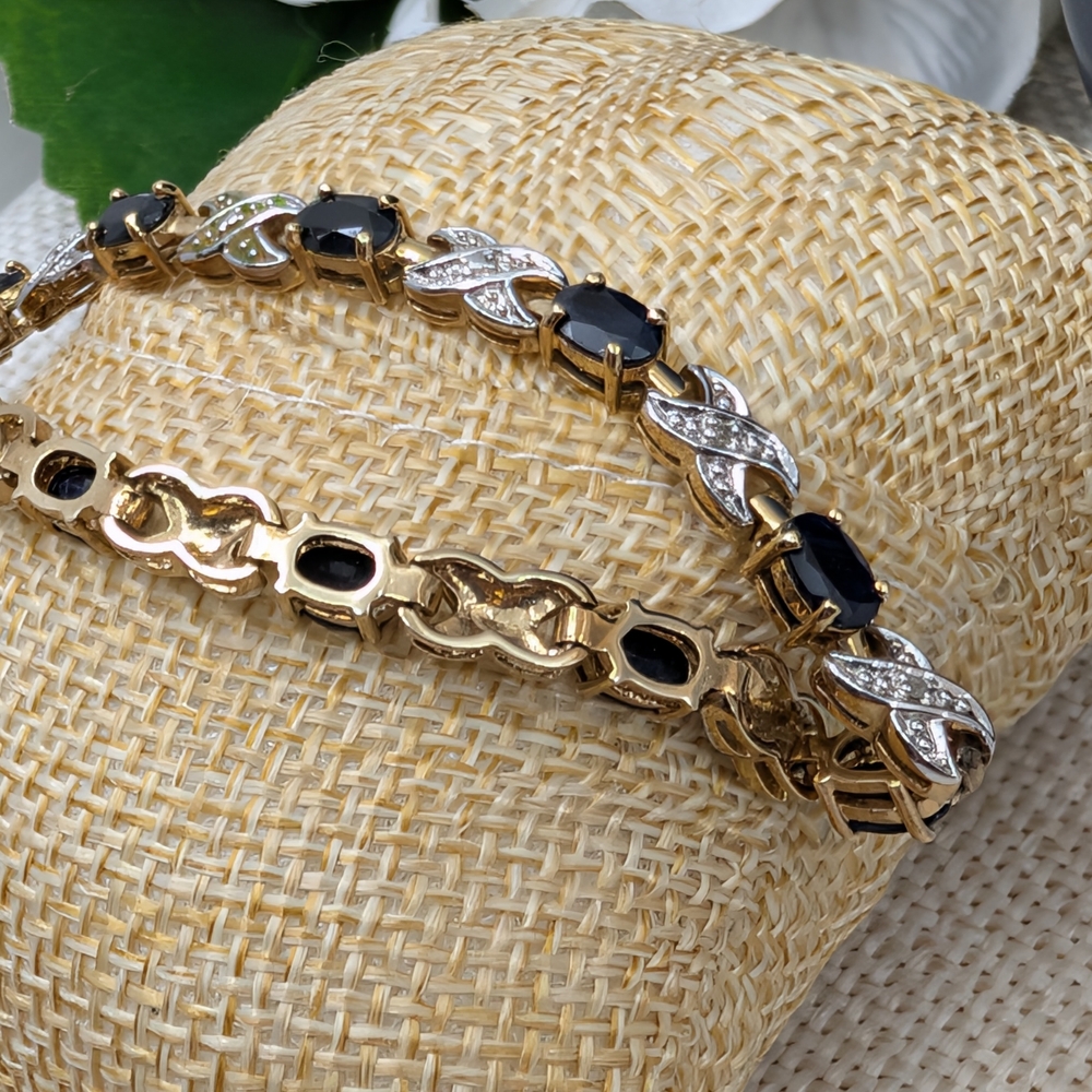 Vintage 925 Sterling Silver Gold Vermeil Black Onyx Bracelet | 7.25" | 12.2g - Picture 6 of 17